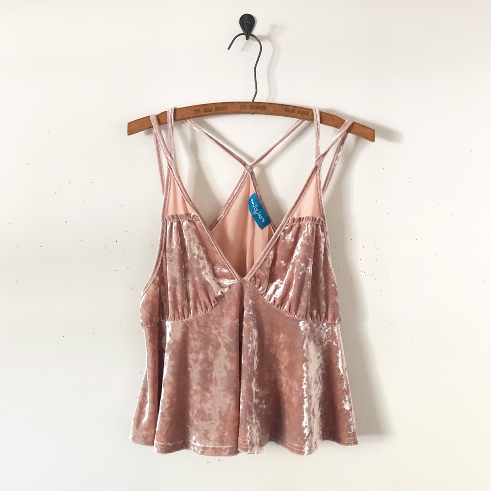 Blush Pink Crushed Velvet Deep V Strappy Tank Top